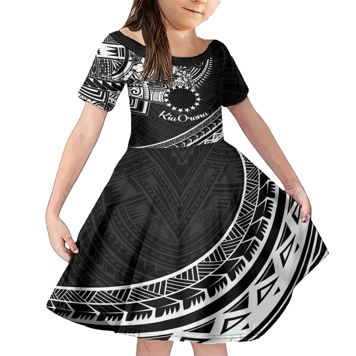 Kia Orana Cook Islands Kid Short Sleeve Dress Circle Stars With Floral White Pattern LT01 KID Black - Polynesian Pride