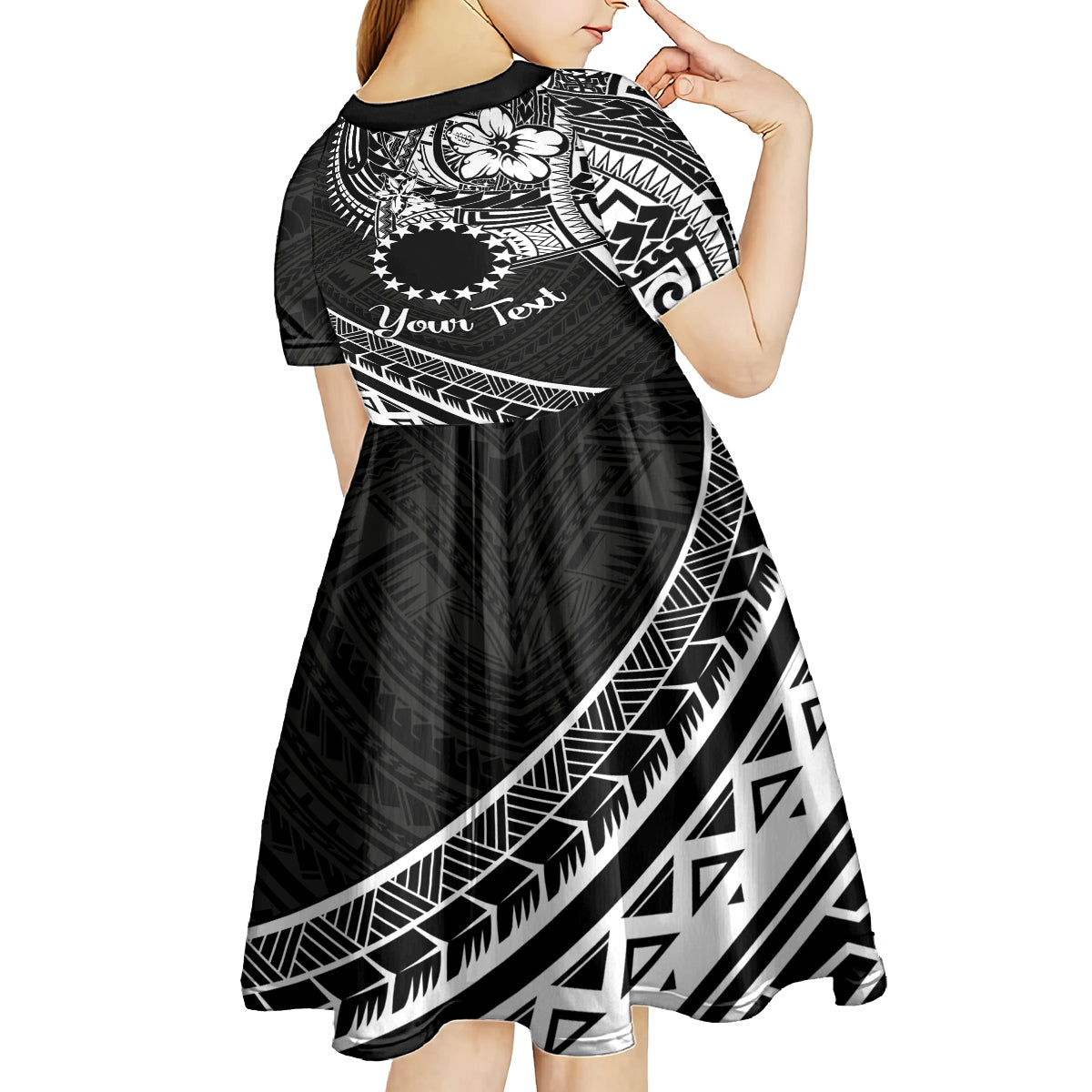 Kia Orana Cook Islands Kid Short Sleeve Dress Circle Stars With Floral White Pattern LT01 - Polynesian Pride