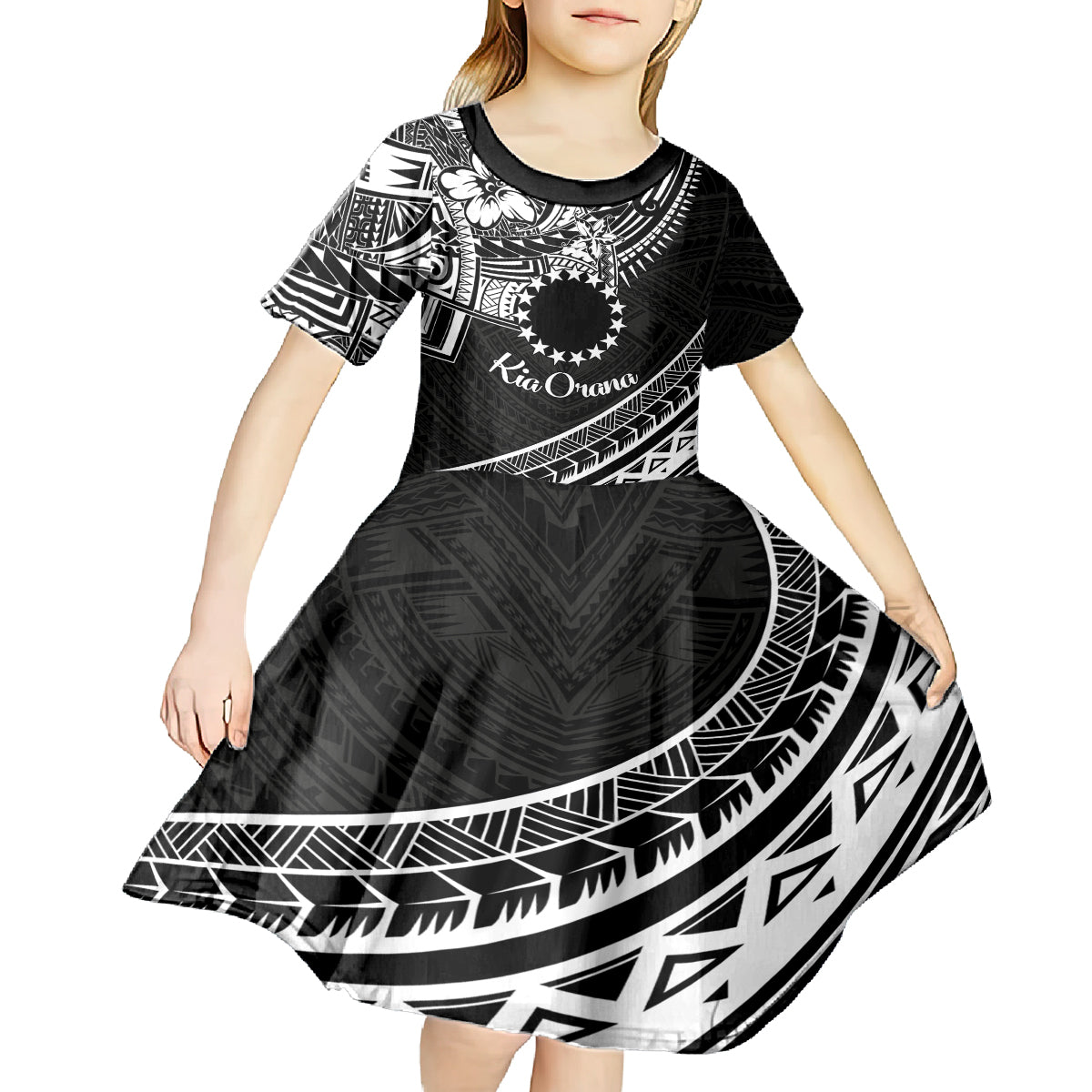 Kia Orana Cook Islands Kid Short Sleeve Dress Circle Stars With Floral White Pattern LT01 - Polynesian Pride