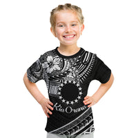 Kia Orana Cook Islands Kid T Shirt Circle Stars With Floral White Pattern LT01 Black - Polynesian Pride