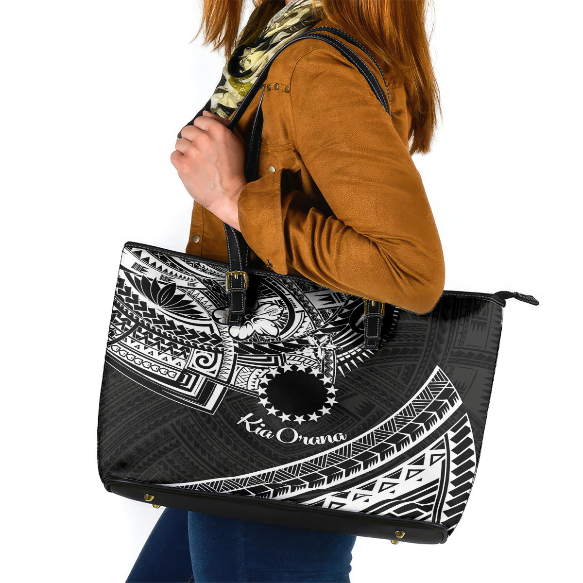 Kia Orana Cook Islands Leather Tote Bag Circle Stars With Floral White Pattern LT01 Black - Polynesian Pride