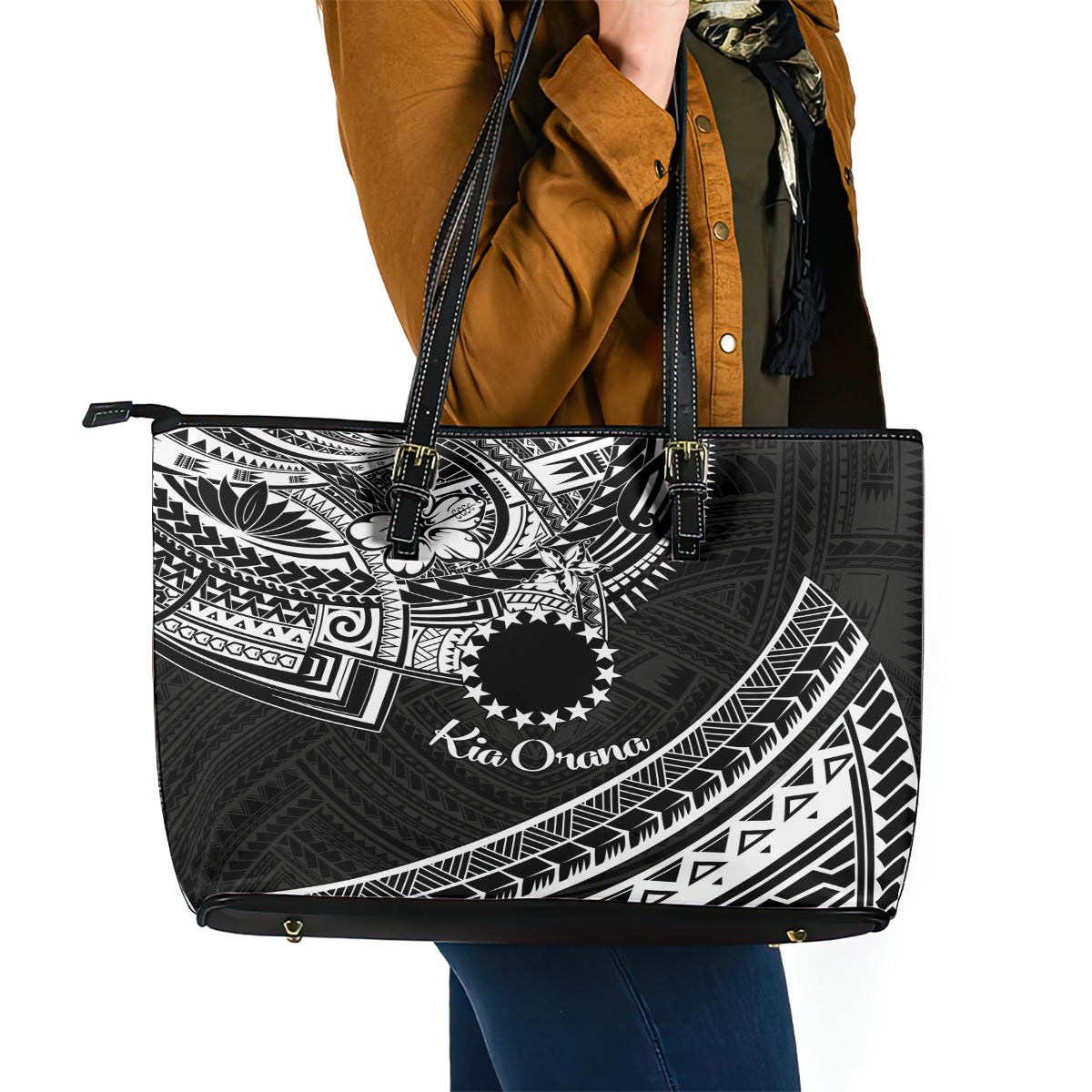 Kia Orana Cook Islands Leather Tote Bag Circle Stars With Floral White Pattern LT01 - Polynesian Pride