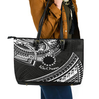 Kia Orana Cook Islands Leather Tote Bag Circle Stars With Floral White Pattern LT01 - Polynesian Pride