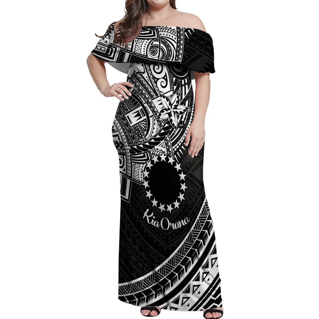 Kia Orana Cook Islands Off Shoulder Maxi Dress Circle Stars With Floral White Pattern LT01 Women Black - Polynesian Pride