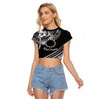 Kia Orana Cook Islands Raglan Cropped T Shirt Circle Stars With Floral White Pattern LT01 Female Black - Polynesian Pride