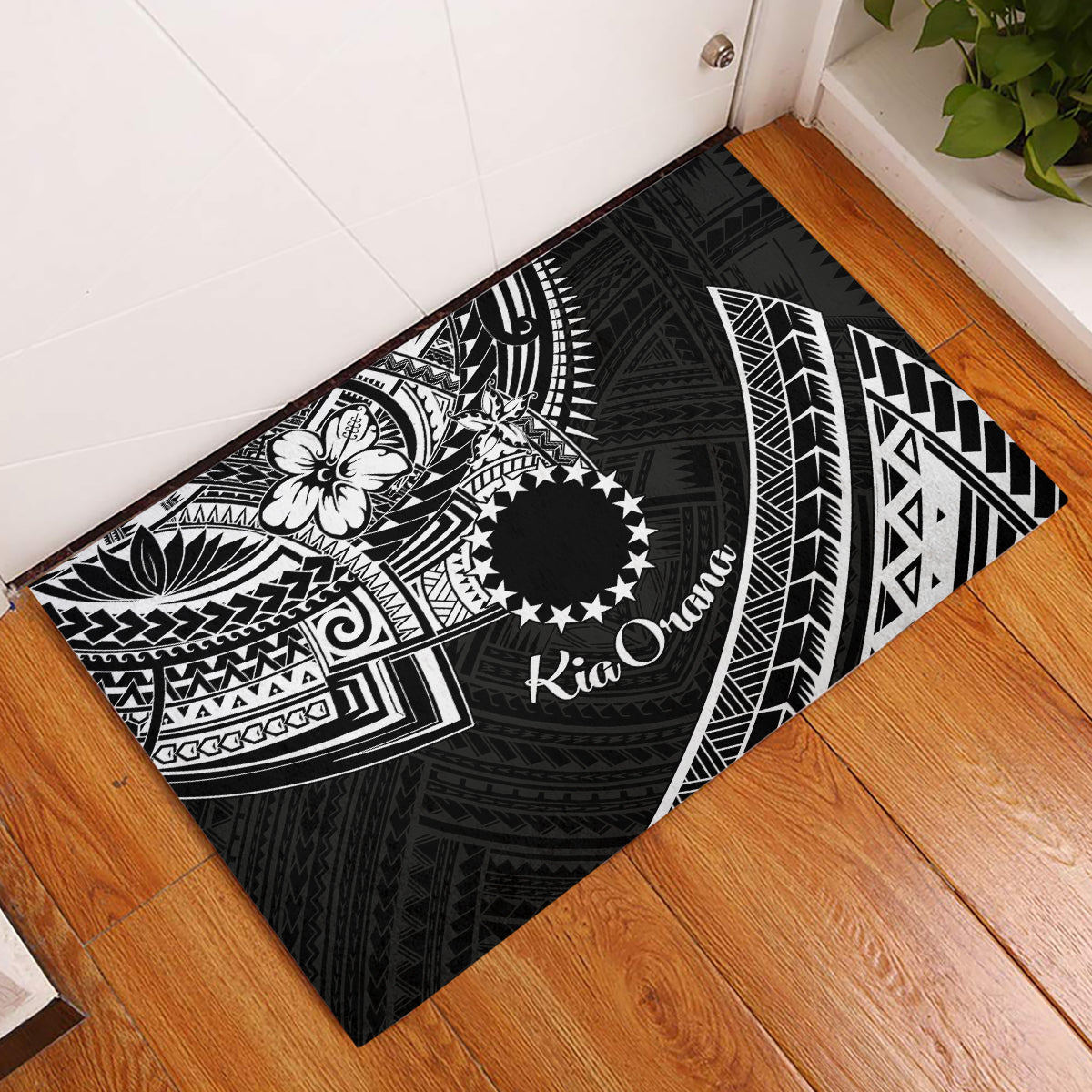 Kia Orana Cook Islands Rubber Doormat Circle Stars With Floral White Pattern LT01 Black - Polynesian Pride