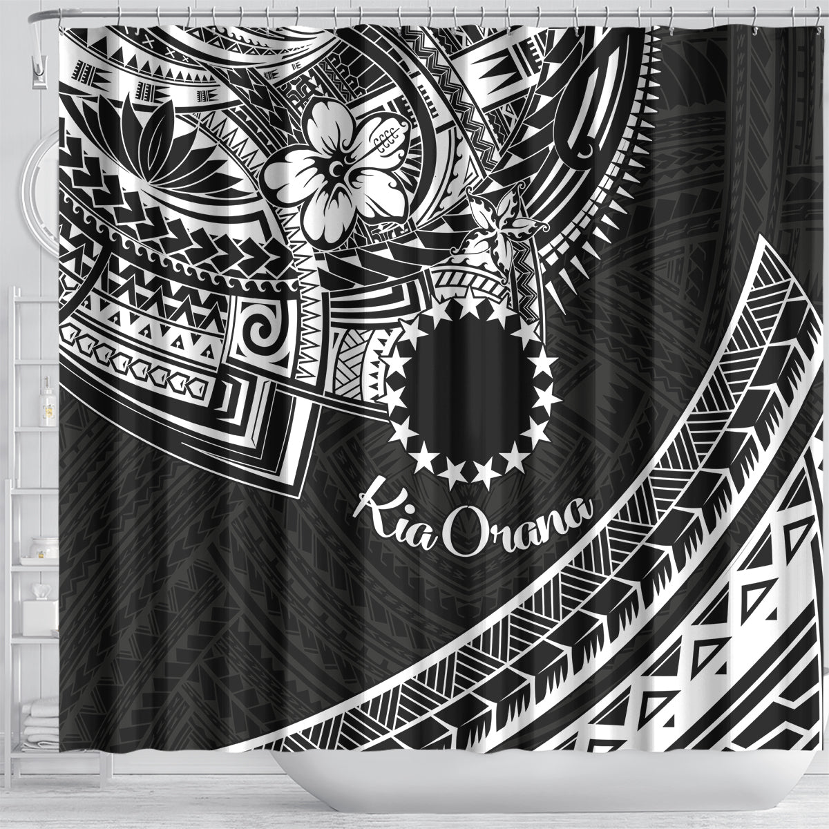 Kia Orana Cook Islands Shower Curtain Circle Stars With Floral White Pattern LT01 - Polynesian Pride