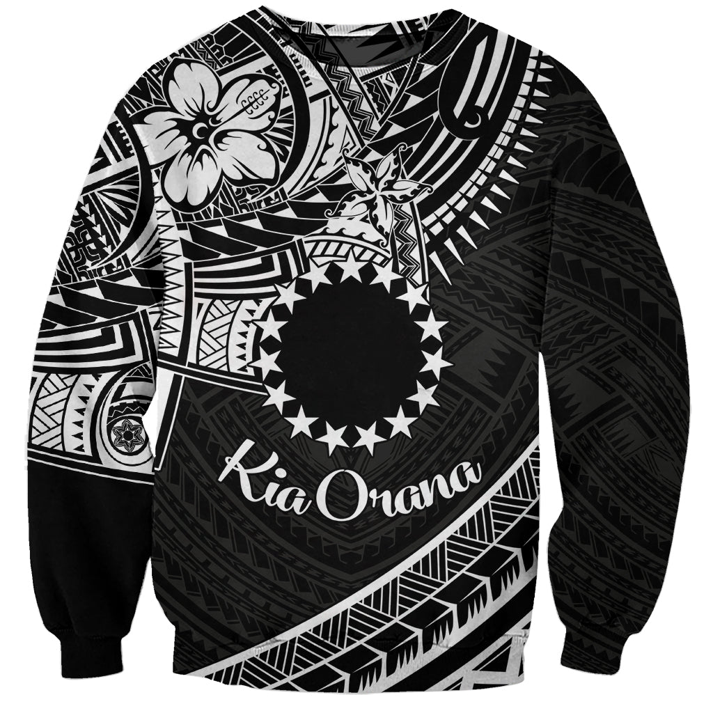 Kia Orana Cook Islands Sweatshirt Circle Stars With Floral White Pattern LT01 Unisex Black - Polynesian Pride