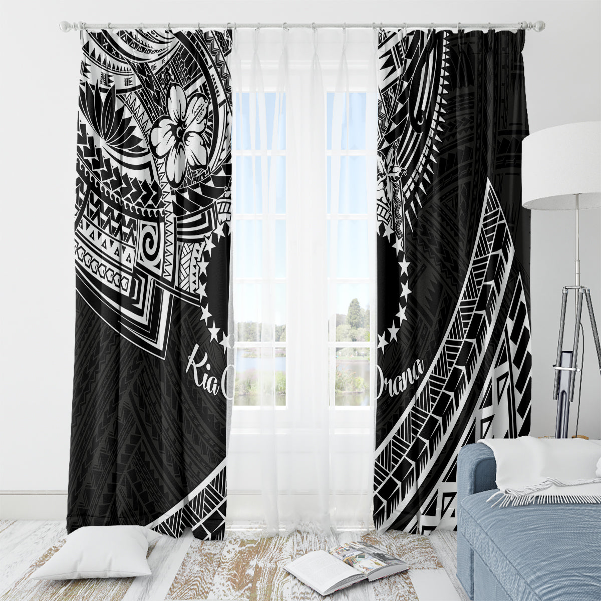 Kia Orana Cook Islands Window Curtain Circle Stars With Floral White Pattern LT01 - Polynesian Pride