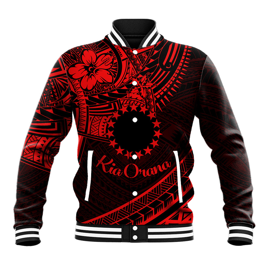 Kia Orana Cook Islands Baseball Jacket Circle Stars With Floral Red Pattern LT01 Unisex Red - Polynesian Pride