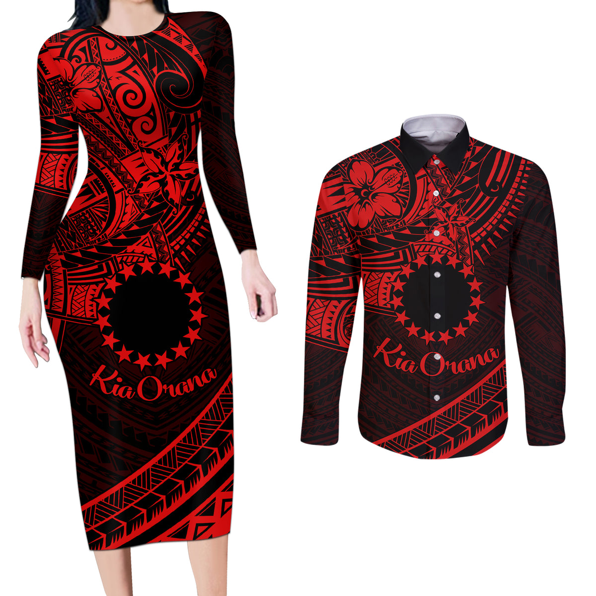 Kia Orana Cook Islands Couples Matching Long Sleeve Bodycon Dress and Long Sleeve Button Shirt Circle Stars With Floral Red Pattern LT01 Red - Polynesian Pride
