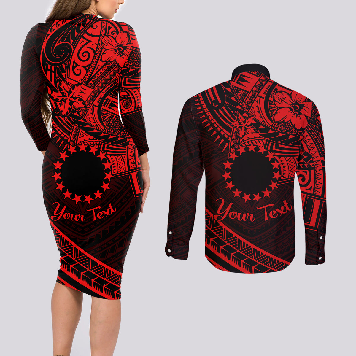 Kia Orana Cook Islands Couples Matching Long Sleeve Bodycon Dress and Long Sleeve Button Shirt Circle Stars With Floral Red Pattern LT01 - Polynesian Pride