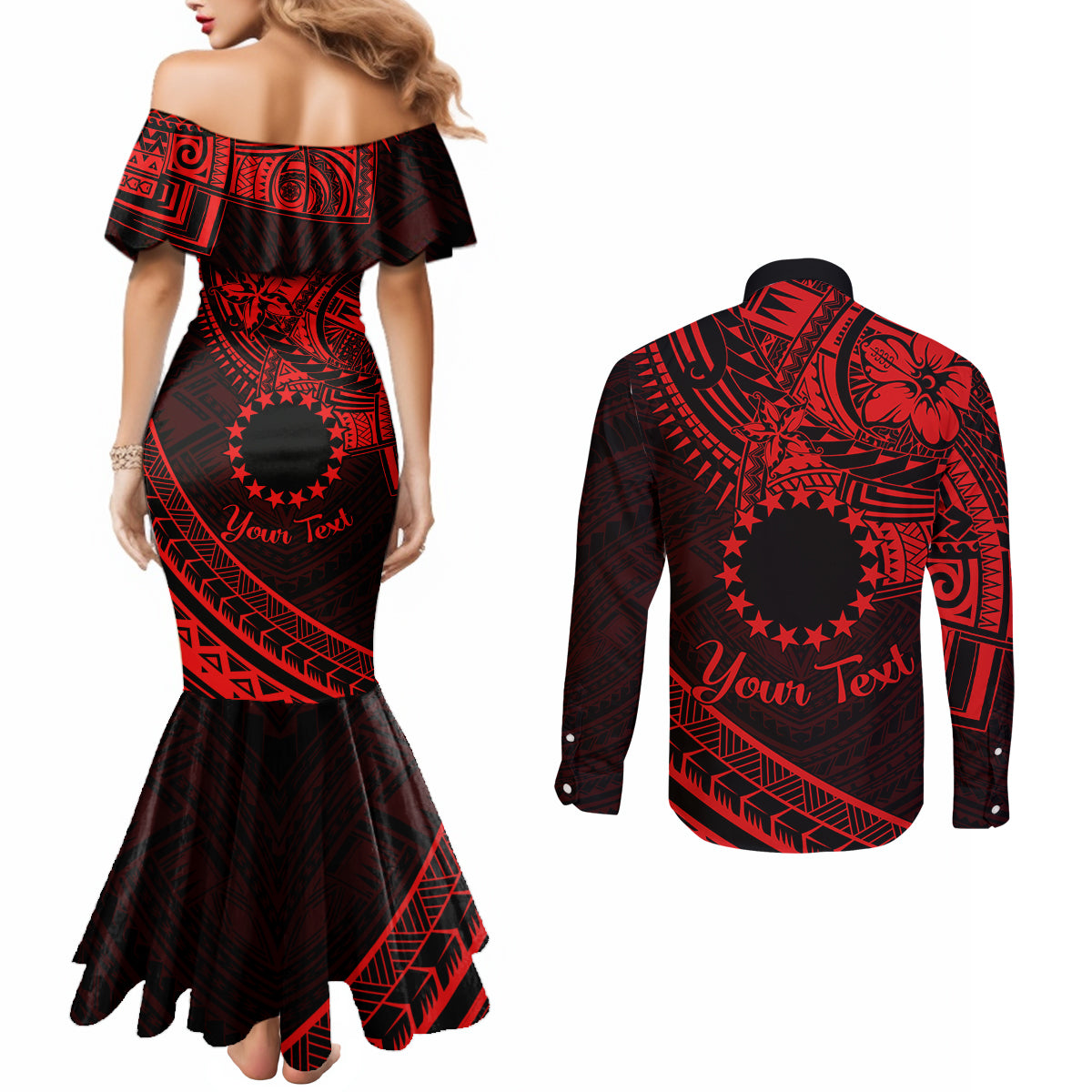 Kia Orana Cook Islands Couples Matching Mermaid Dress and Long Sleeve Button Shirt Circle Stars With Floral Red Pattern LT01 - Polynesian Pride