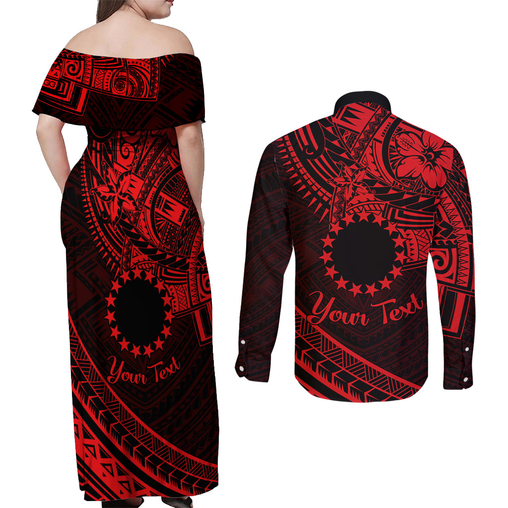Kia Orana Cook Islands Couples Matching Off Shoulder Maxi Dress and Long Sleeve Button Shirt Circle Stars With Floral Red Pattern LT01 - Polynesian Pride