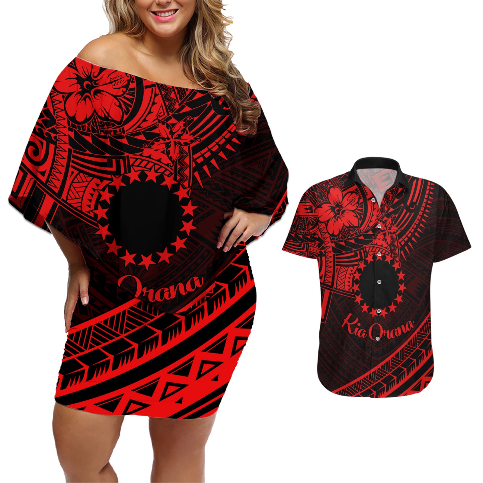 Kia Orana Cook Islands Couples Matching Off Shoulder Short Dress and Hawaiian Shirt Circle Stars With Floral Red Pattern LT01 Red - Polynesian Pride