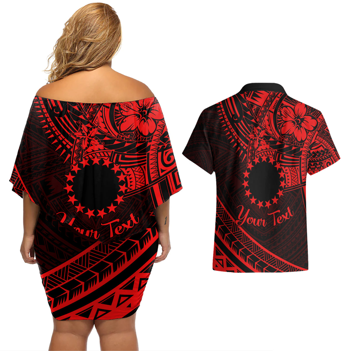Kia Orana Cook Islands Couples Matching Off Shoulder Short Dress and Hawaiian Shirt Circle Stars With Floral Red Pattern LT01 - Polynesian Pride