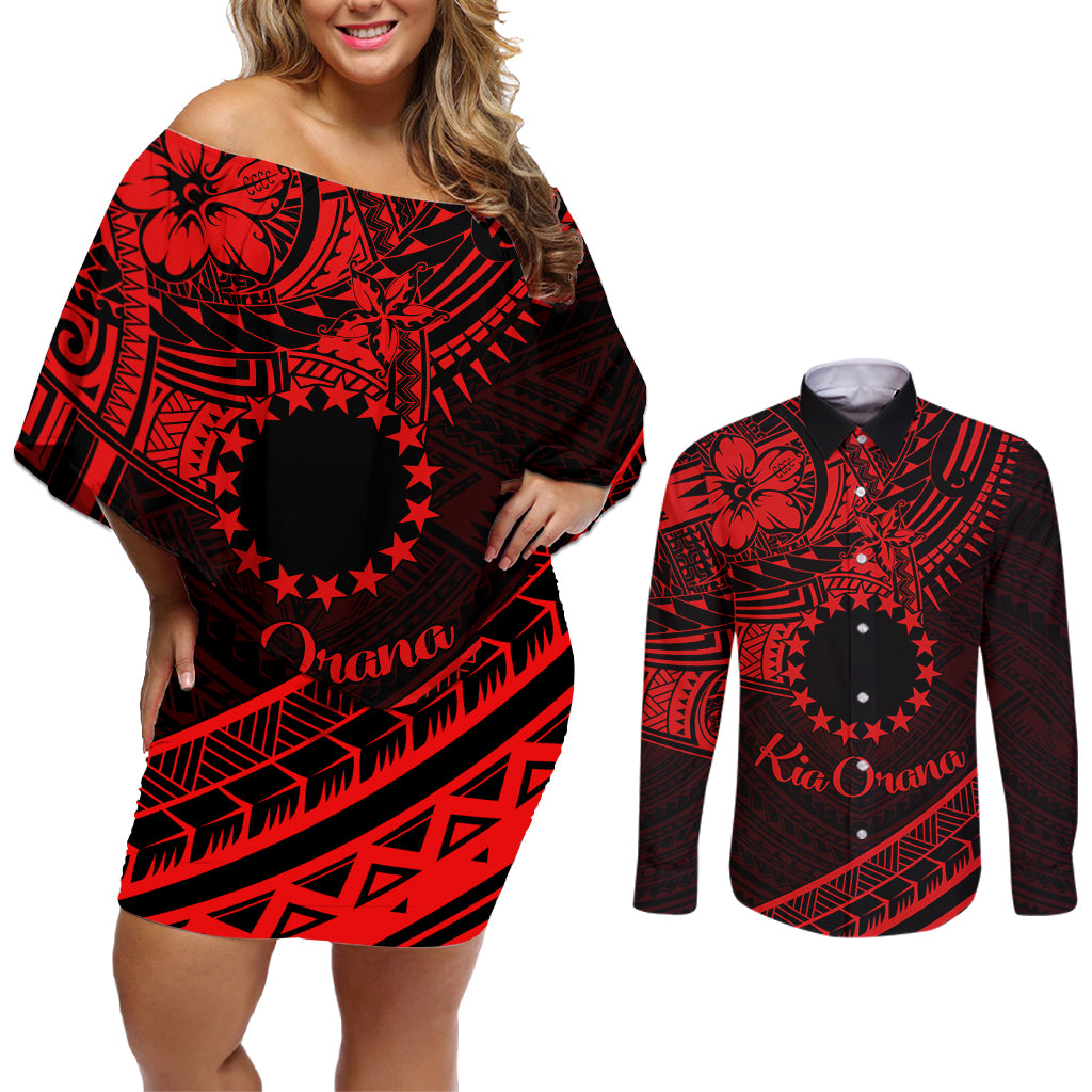 Kia Orana Cook Islands Couples Matching Off Shoulder Short Dress and Long Sleeve Button Shirt Circle Stars With Floral Red Pattern LT01 Red - Polynesian Pride