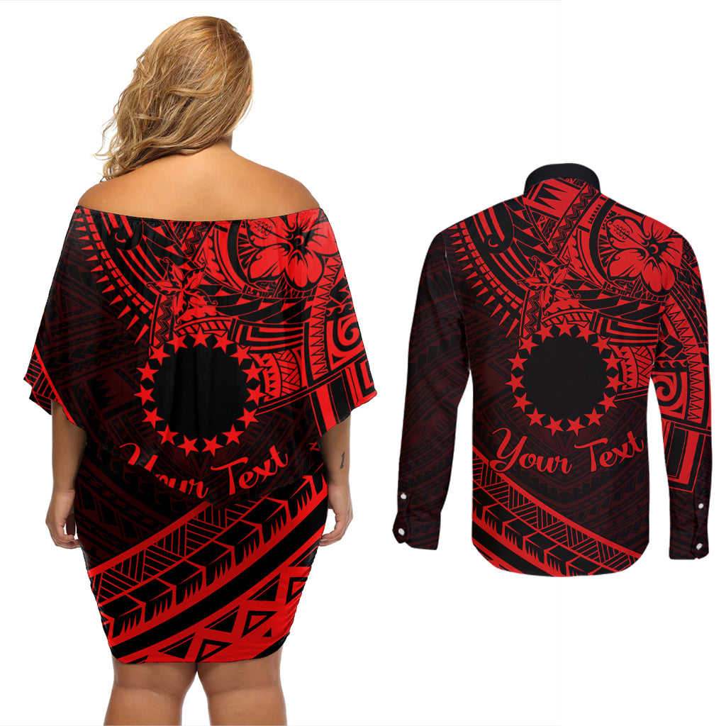 Kia Orana Cook Islands Couples Matching Off Shoulder Short Dress and Long Sleeve Button Shirt Circle Stars With Floral Red Pattern LT01 - Polynesian Pride