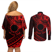 Kia Orana Cook Islands Couples Matching Off Shoulder Short Dress and Long Sleeve Button Shirt Circle Stars With Floral Red Pattern LT01 - Polynesian Pride