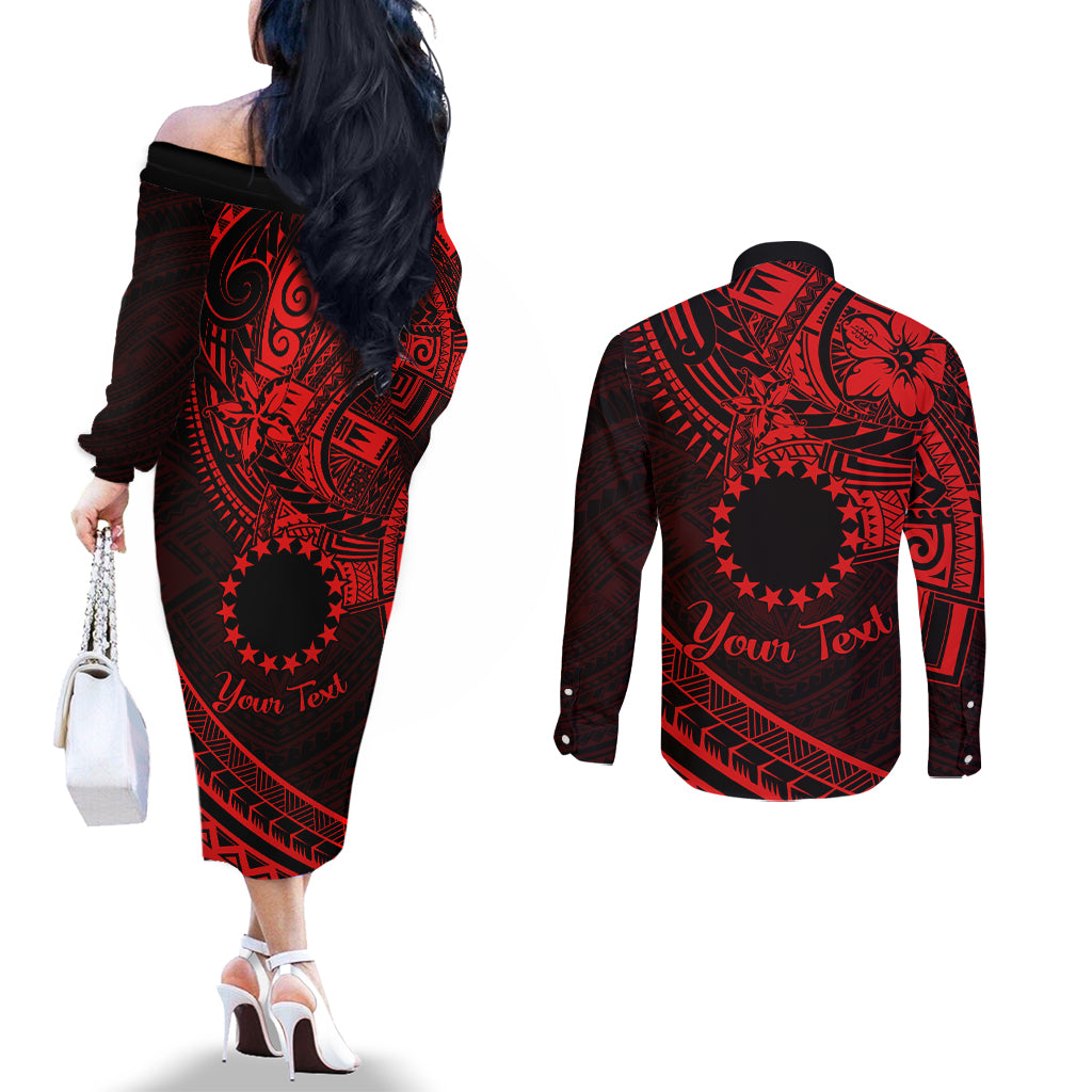 Kia Orana Cook Islands Couples Matching Off The Shoulder Long Sleeve Dress and Long Sleeve Button Shirt Circle Stars With Floral Red Pattern LT01 - Polynesian Pride
