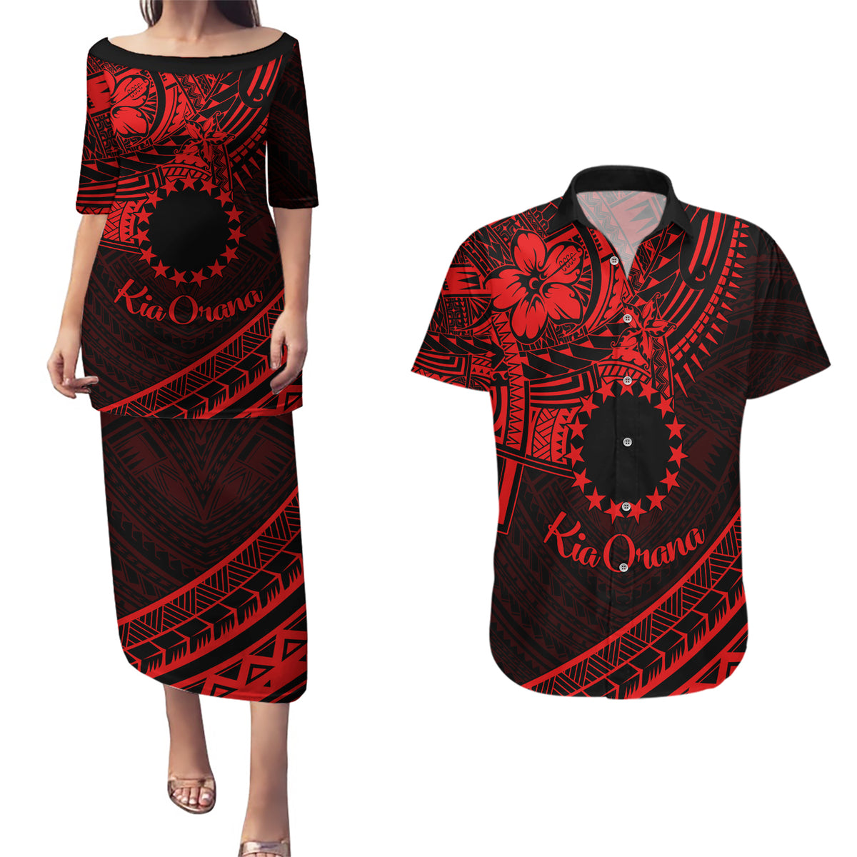 Kia Orana Cook Islands Couples Matching Puletasi Dress and Hawaiian Shirt Circle Stars With Floral Red Pattern LT01 Red - Polynesian Pride