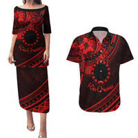 Kia Orana Cook Islands Couples Matching Puletasi Dress and Hawaiian Shirt Circle Stars With Floral Red Pattern LT01 Red - Polynesian Pride