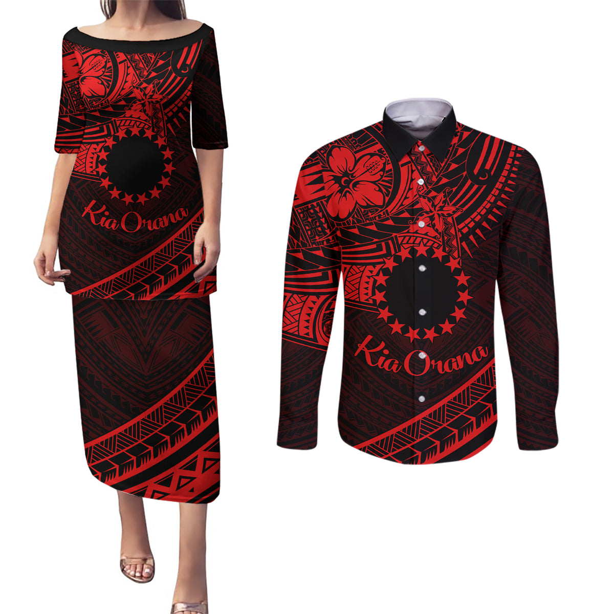 Kia Orana Cook Islands Couples Matching Puletasi Dress and Long Sleeve Button Shirt Circle Stars With Floral Red Pattern LT01 Red - Polynesian Pride