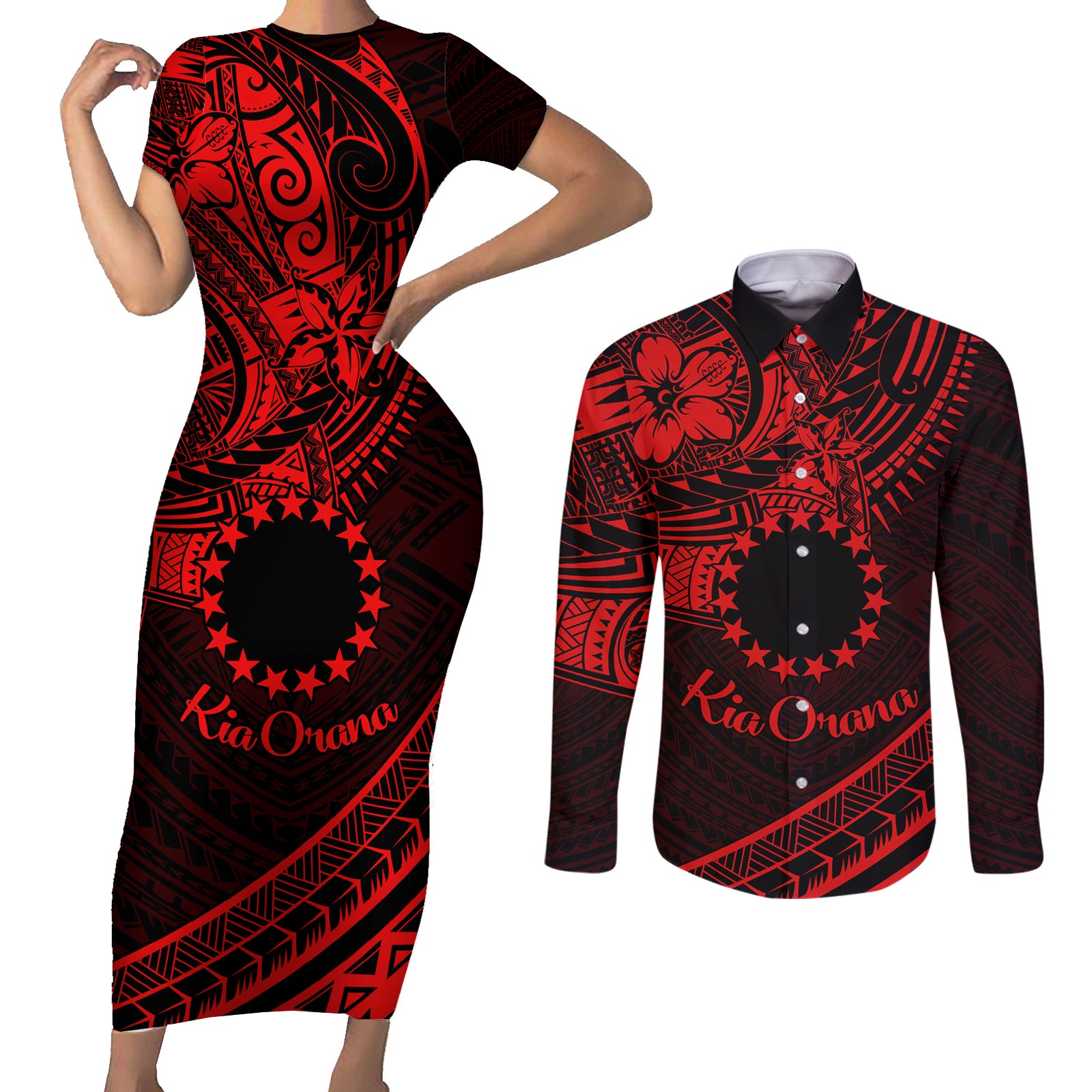 Kia Orana Cook Islands Couples Matching Short Sleeve Bodycon Dress and Long Sleeve Button Shirt Circle Stars With Floral Red Pattern LT01 Red - Polynesian Pride