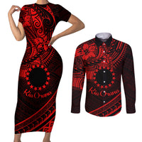 Kia Orana Cook Islands Couples Matching Short Sleeve Bodycon Dress and Long Sleeve Button Shirt Circle Stars With Floral Red Pattern LT01 Red - Polynesian Pride
