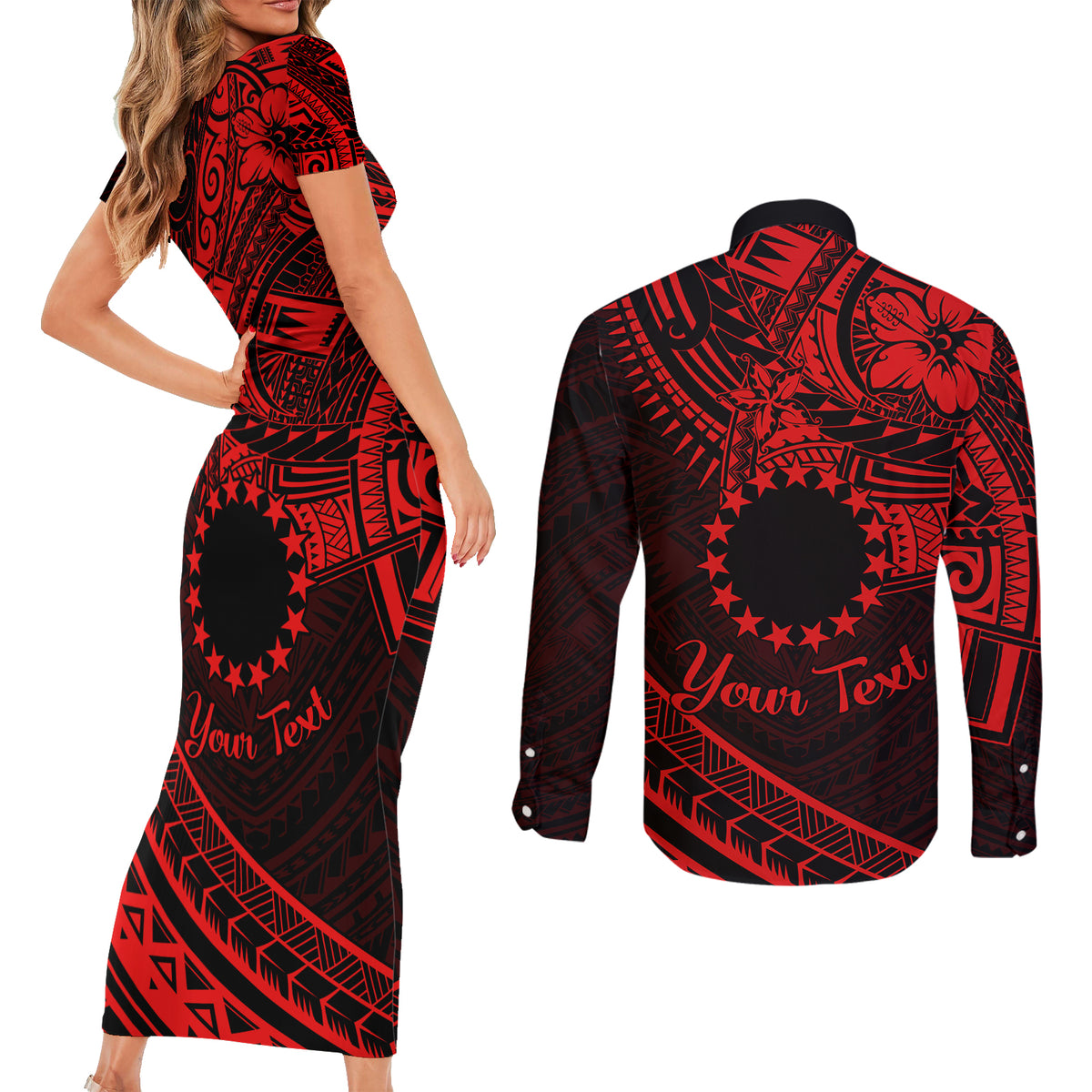 Kia Orana Cook Islands Couples Matching Short Sleeve Bodycon Dress and Long Sleeve Button Shirt Circle Stars With Floral Red Pattern LT01 - Polynesian Pride