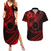 Kia Orana Cook Islands Couples Matching Summer Maxi Dress and Hawaiian Shirt Circle Stars With Floral Red Pattern LT01 Red - Polynesian Pride