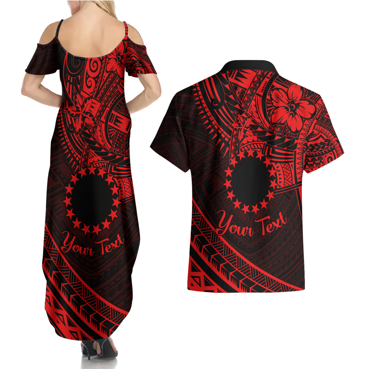 Kia Orana Cook Islands Couples Matching Summer Maxi Dress and Hawaiian Shirt Circle Stars With Floral Red Pattern LT01 - Polynesian Pride