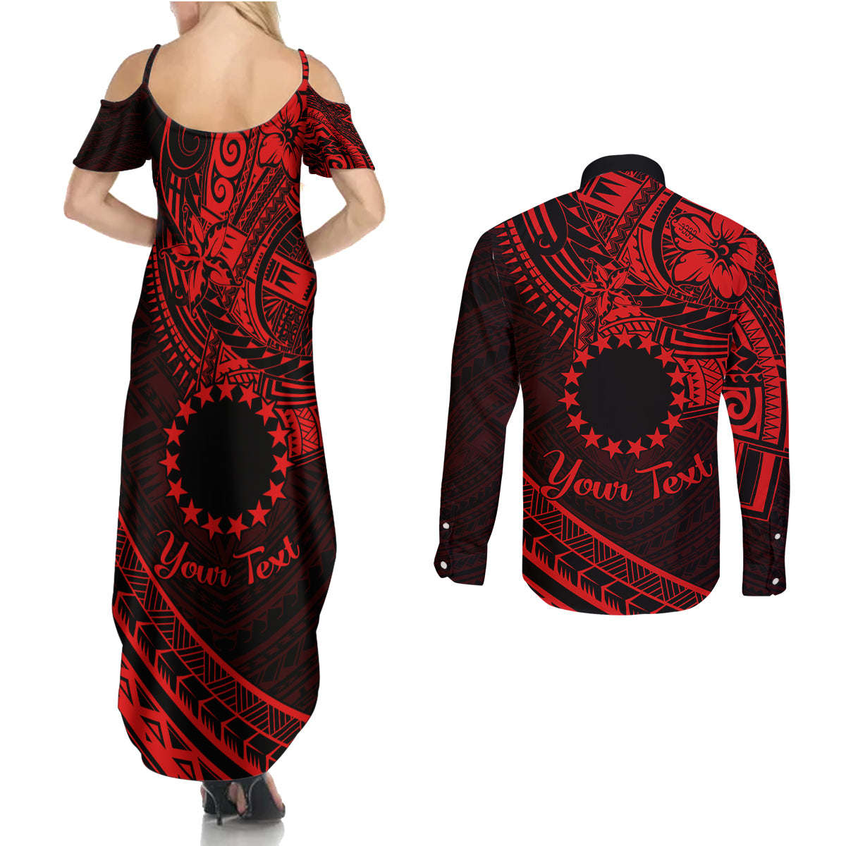 Kia Orana Cook Islands Couples Matching Summer Maxi Dress and Long Sleeve Button Shirt Circle Stars With Floral Red Pattern LT01 - Polynesian Pride