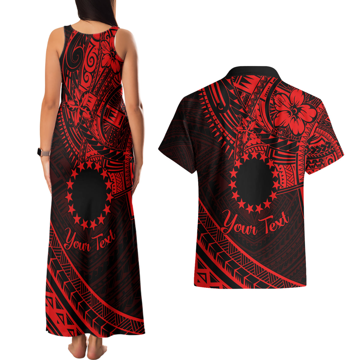 Kia Orana Cook Islands Couples Matching Tank Maxi Dress and Hawaiian Shirt Circle Stars With Floral Red Pattern LT01 - Polynesian Pride
