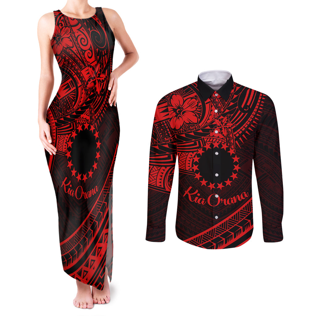 Kia Orana Cook Islands Couples Matching Tank Maxi Dress and Long Sleeve Button Shirt Circle Stars With Floral Red Pattern LT01 Red - Polynesian Pride