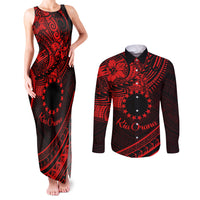 Kia Orana Cook Islands Couples Matching Tank Maxi Dress and Long Sleeve Button Shirt Circle Stars With Floral Red Pattern LT01 Red - Polynesian Pride