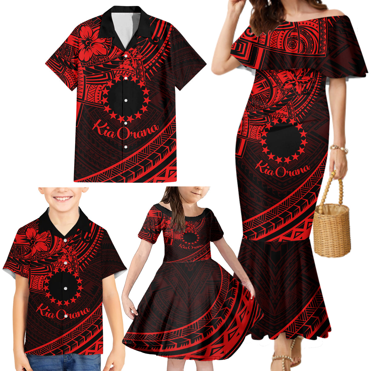 Kia Orana Cook Islands Family Matching Mermaid Dress and Hawaiian Shirt Circle Stars With Floral Red Pattern LT01 - Polynesian Pride