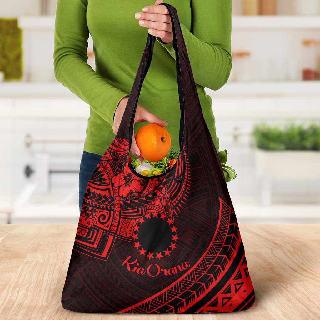 Kia Orana Cook Islands Grocery Bag Circle Stars With Floral Red Pattern
