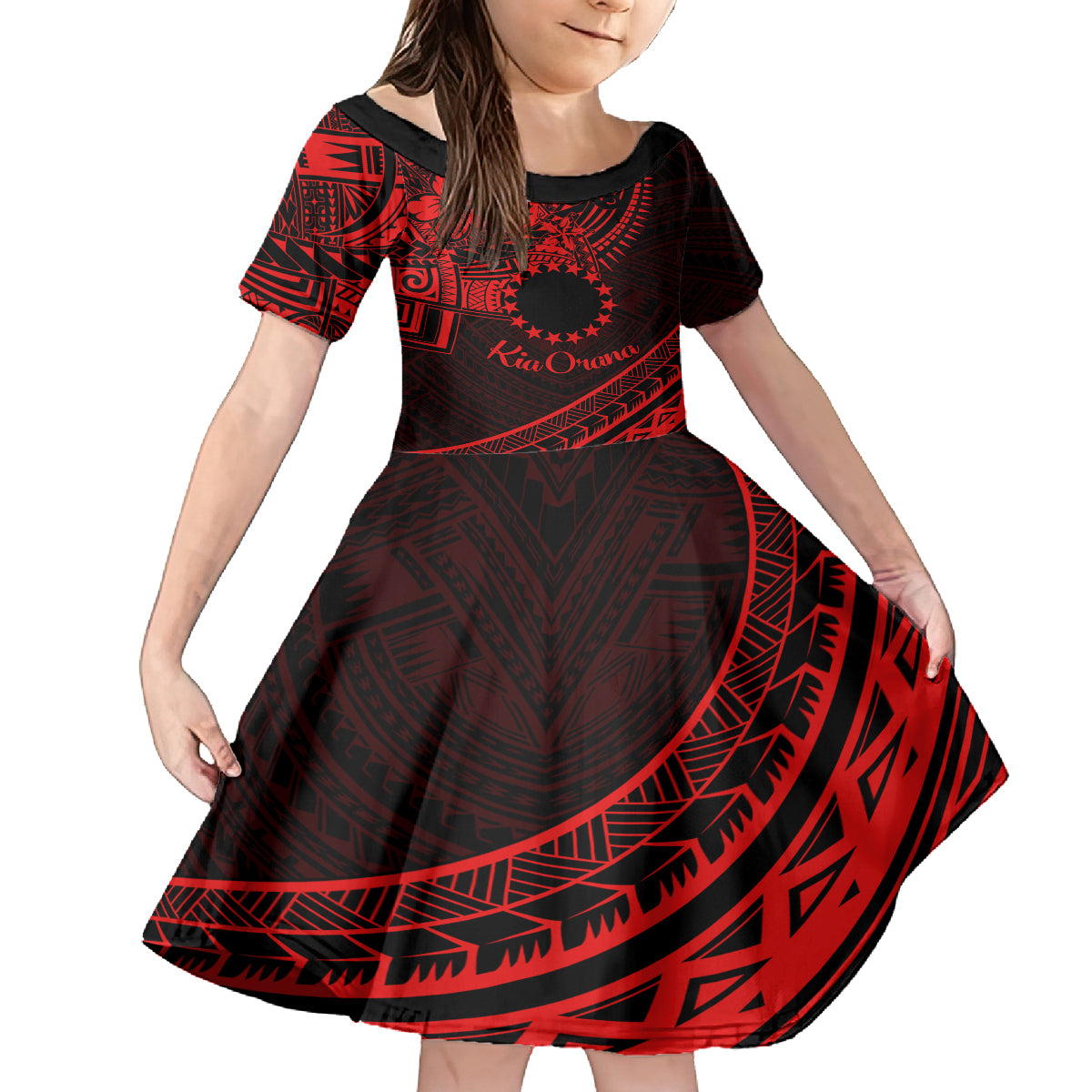 Kia Orana Cook Islands Kid Short Sleeve Dress Circle Stars With Floral Red Pattern LT01 KID Red - Polynesian Pride