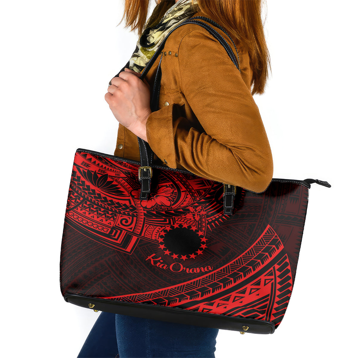 Kia Orana Cook Islands Leather Tote Bag Circle Stars With Floral Red Pattern LT01 Red - Polynesian Pride
