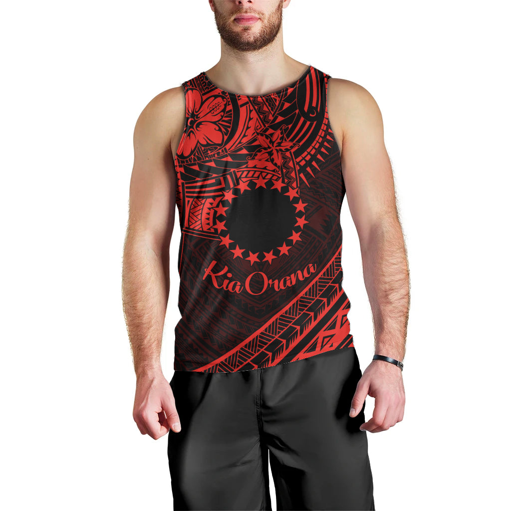 Kia Orana Cook Islands Men Tank Top Circle Stars With Floral Red Pattern LT01 - Polynesian Pride
