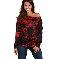 Kia Orana Cook Islands Off Shoulder Sweater Circle Stars With Floral Red Pattern LT01 Women Red - Polynesian Pride