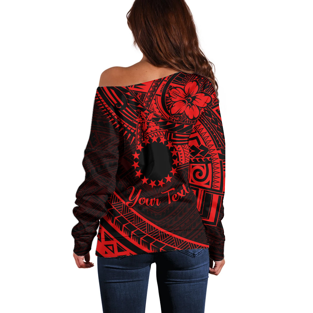 Kia Orana Cook Islands Off Shoulder Sweater Circle Stars With Floral Red Pattern LT01 - Polynesian Pride