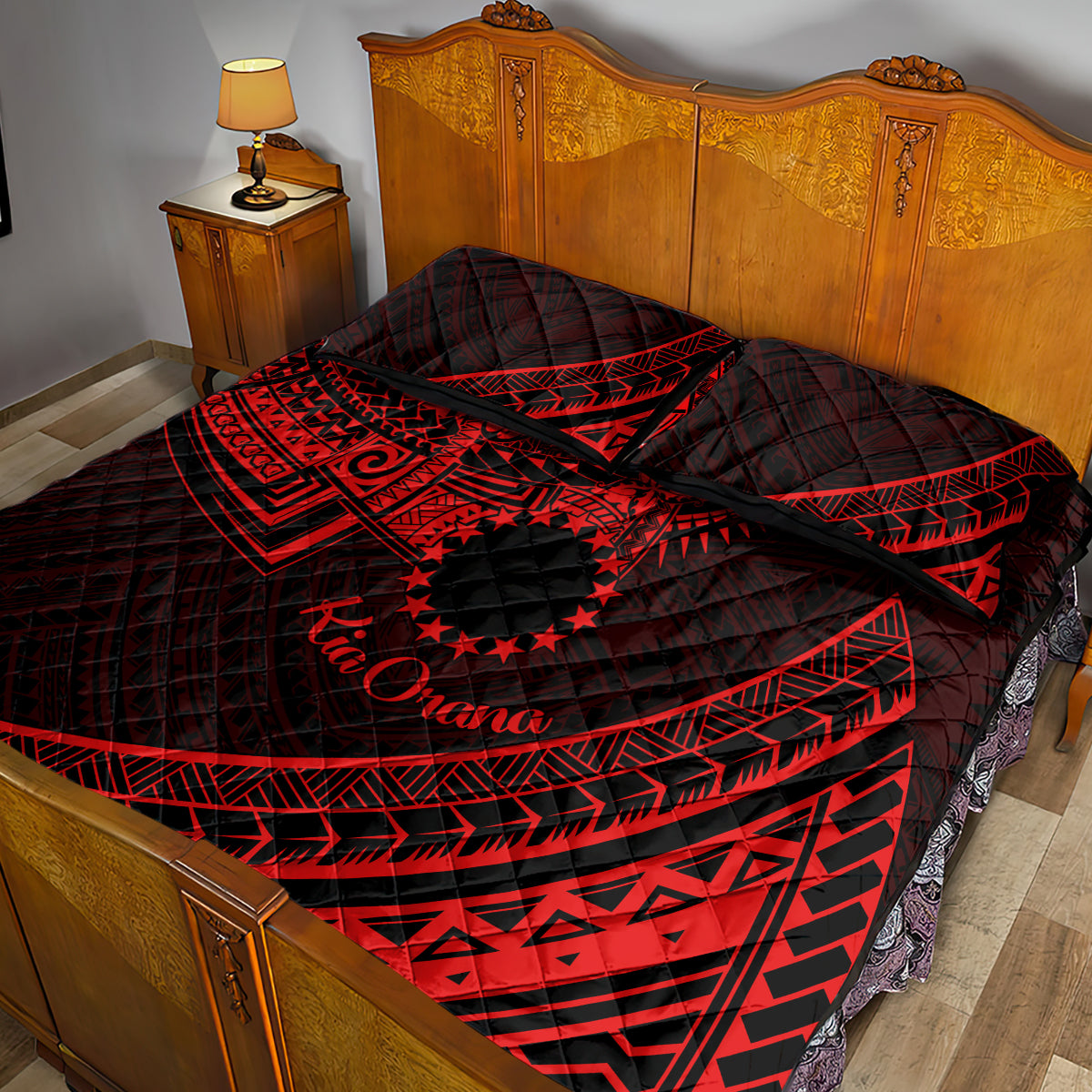 Kia Orana Cook Islands Quilt Bed Set Circle Stars With Floral Red Pattern LT01 - Polynesian Pride