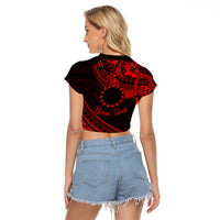 Kia Orana Cook Islands Raglan Cropped T Shirt Circle Stars With Floral Red Pattern LT01 - Polynesian Pride