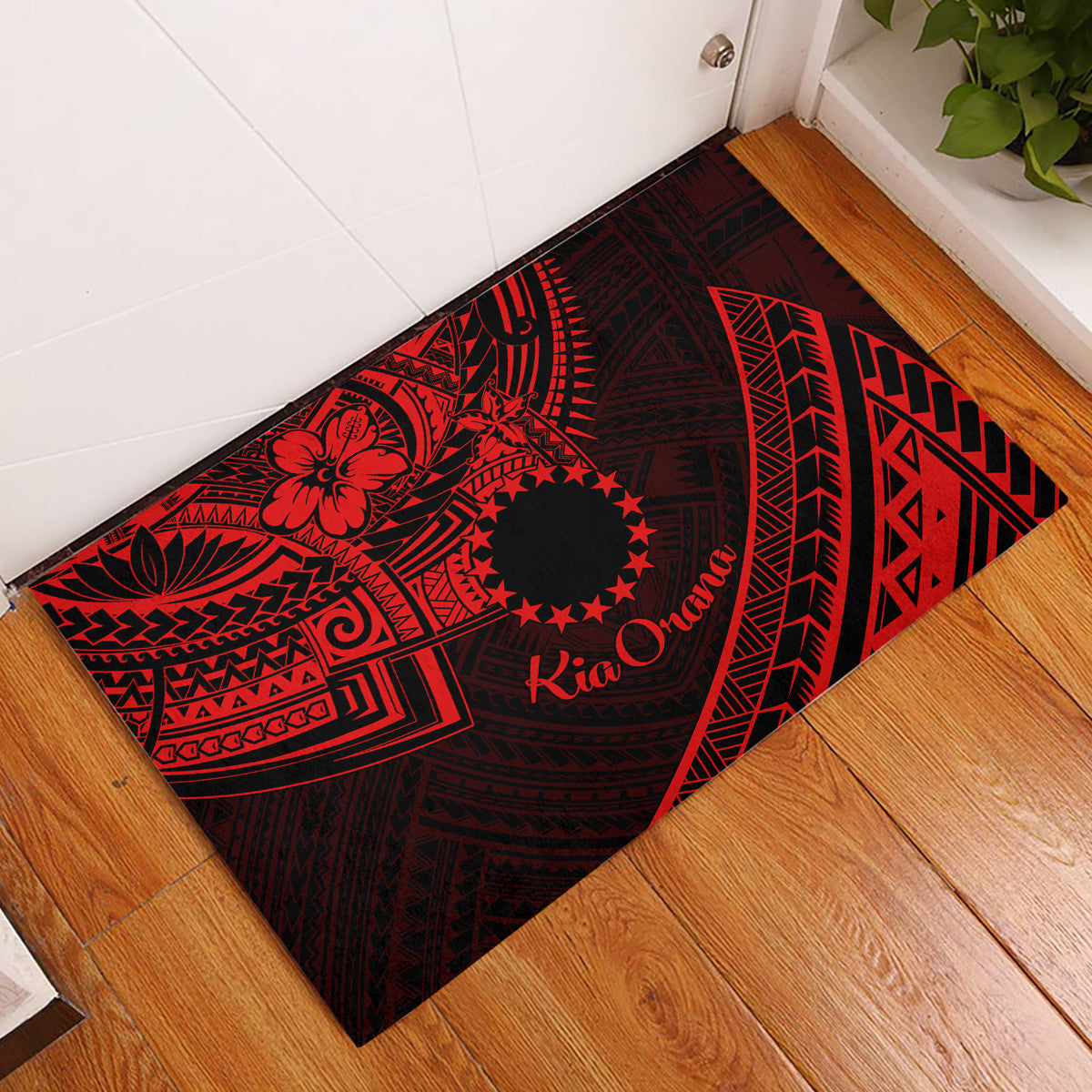 Kia Orana Cook Islands Rubber Doormat Circle Stars With Floral Red Pattern LT01 Red - Polynesian Pride