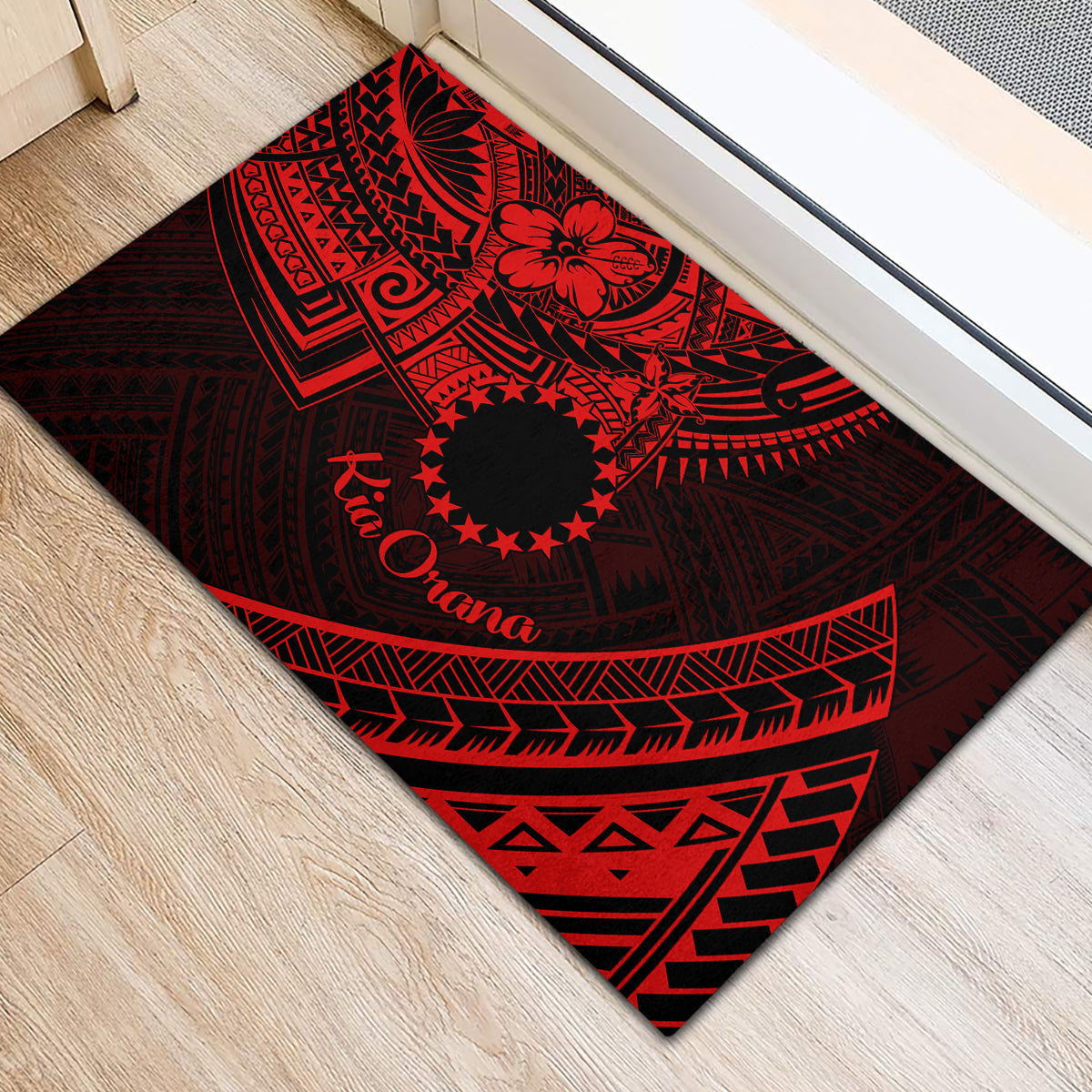 Kia Orana Cook Islands Rubber Doormat Circle Stars With Floral Red Pattern LT01 - Polynesian Pride