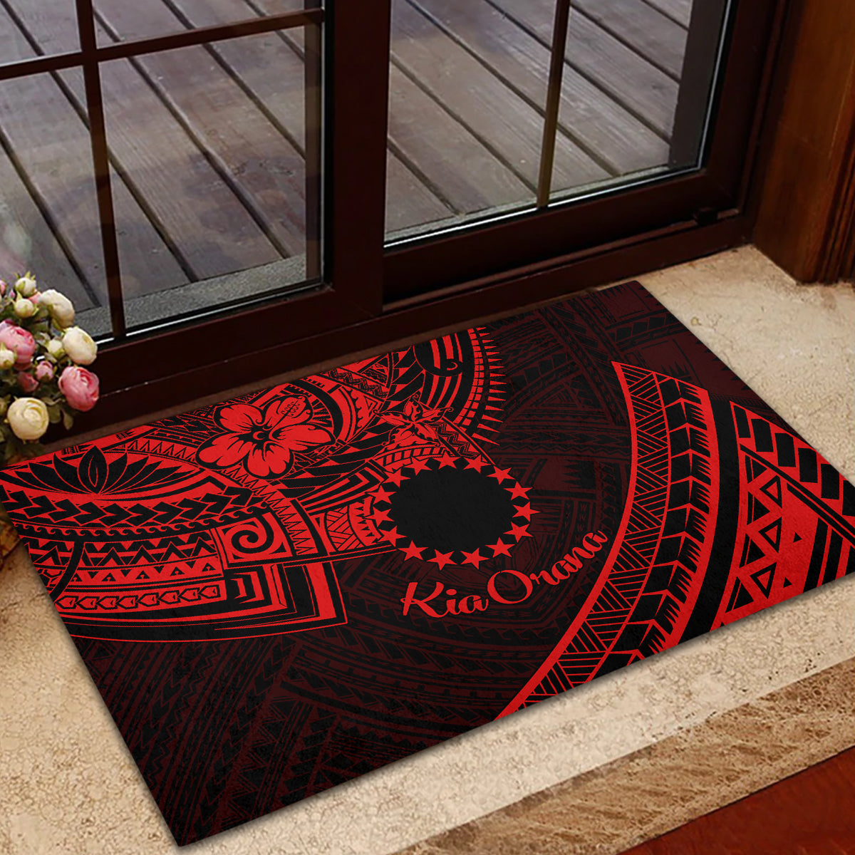 Kia Orana Cook Islands Rubber Doormat Circle Stars With Floral Red Pattern LT01 - Polynesian Pride
