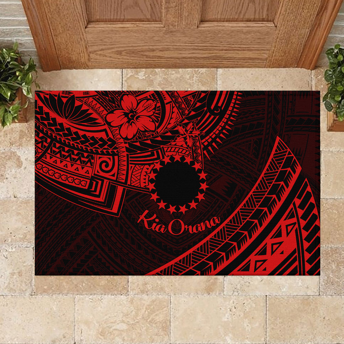 Kia Orana Cook Islands Rubber Doormat Circle Stars With Floral Red Pattern LT01 - Polynesian Pride