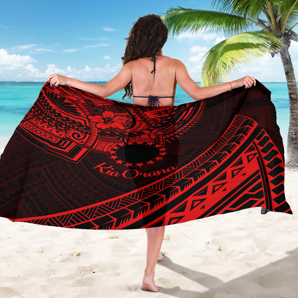 Kia Orana Cook Islands Sarong Circle Stars With Floral Red Pattern LT01 - Polynesian Pride